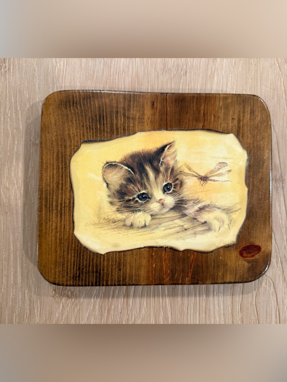 Vintage Wooden Plaque Decoupage Kitten Cat Dragonfly Cottagecore Nursery Cozy